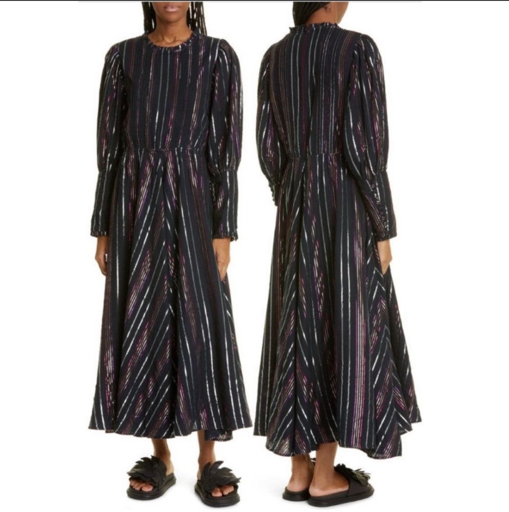 NWT FARM RIO Metallic Lurex Stripes Long Sleeves Midi Dress Size S.
